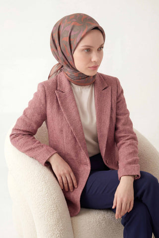 Pamuk Karışımlı Eşarp Mercan Geometrik Dalga Desen Soft Dokulu Kaymaz 90X90