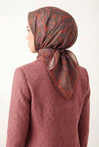 Pamuk Karışımlı Eşarp Mercan Geometrik Dalga Desen Soft Dokulu Kaymaz 90X90