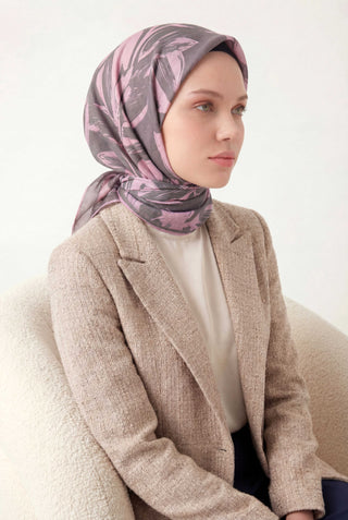 Pamuk Karışımlı Eşarp Toz Pembe Modern Flora Desen Soft Dokulu Kaymaz 90X90