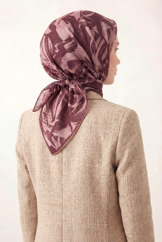 Pamuk Karışımlı Eşarp Gül Kurusu Modern Flora Desen Soft Dokulu Kaymaz 90X90
