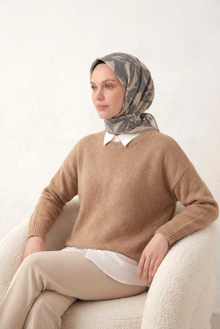 Pamuk Karışımlı Eşarp Kum Beji Modern Flora Desen Soft Dokulu Kaymaz 90X90