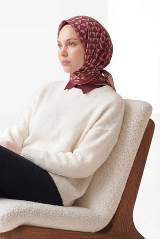Pamuk Karışımlı Eşarp Bordo Geometrik Üçgen Desen Soft Dokulu Kaymaz 90X90