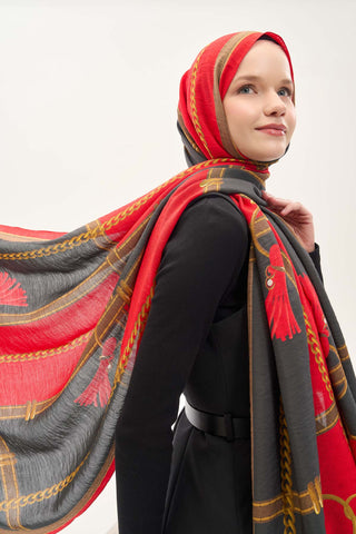 Urban Hours Büyük Zincir Kırmızı Siyah Mayda Şal 190x70