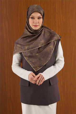 Twill İpek Büyük Boy Eşarp Haki Vintage Çiçek Desenli Tok Duruşlu 110X110
