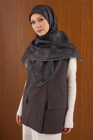 Büyük Boy İpek Eşarp Vintage Çiçek Desen Gri Beyaz 110X110