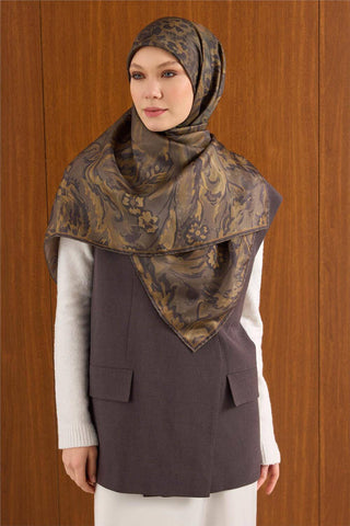 Twill İpek Büyük Boy Eşarp Olive Vintage Çiçek Desenli Tok Duruşlu 110X110