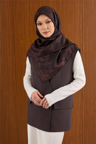 Twill İpek Büyük Boy Eşarp Kahve-Mor Vintage Çiçek Desenli Tok Duruşlu 110X110