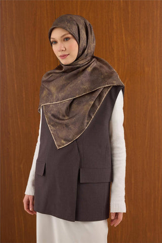 Twill İpek Büyük Boy Eşarp Haki Vintage Çiçek Desenli Tok Duruşlu 110X110
