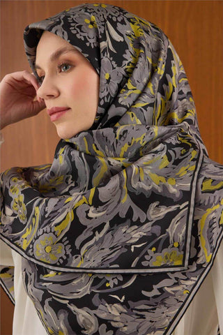 Büyük Boy İpek Eşarp Vintage Çiçek Desen Siyah 110X110