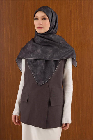 Büyük Boy İpek Eşarp Vintage Çiçek Desen Gri Beyaz 110X110