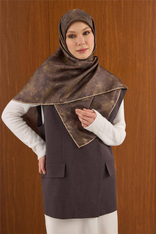 Twill İpek Büyük Boy Eşarp Haki Vintage Çiçek Desenli Tok Duruşlu 110X110