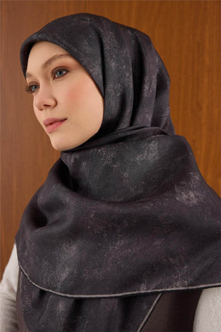 Büyük Boy İpek Eşarp Vintage Çiçek Desen Gri Beyaz 110X110