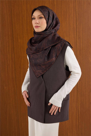 Twill İpek Büyük Boy Eşarp Kahve-Mor Vintage Çiçek Desenli Tok Duruşlu 110X110