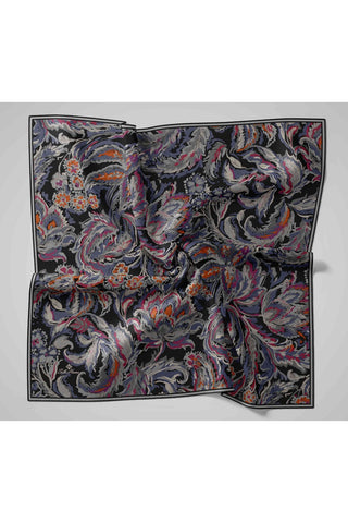 Twill İpek Büyük Boy Eşarp Koyu Siyah Vintage Çiçek Desenli Tok Duruşlu 110X110