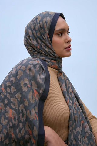 Eco Viscose Şal Gri Vizon Turuncu Siyah Leopar Desenli Nefes Alan 90X200