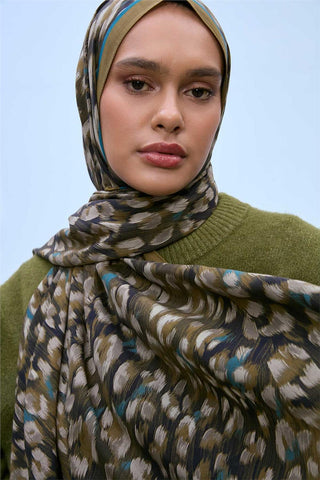 Eco Viscose Şal Kına Yeşili Turkuaz Vizon Leopar Desenli Nefes Alan 90X200