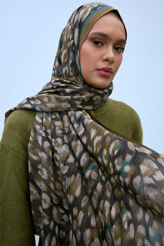 Eco Viscose Şal Kına Yeşili Turkuaz Vizon Leopar Desenli Nefes Alan 90X200