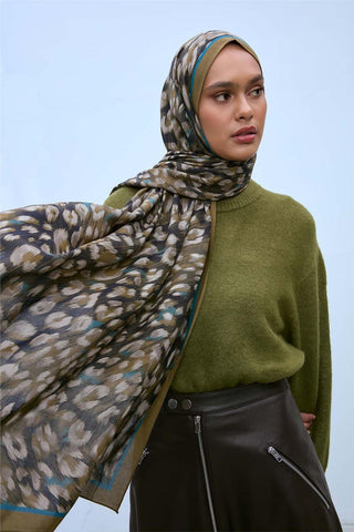 Eco Viscose Şal Kına Yeşili Turkuaz Vizon Leopar Desenli Nefes Alan 90X200