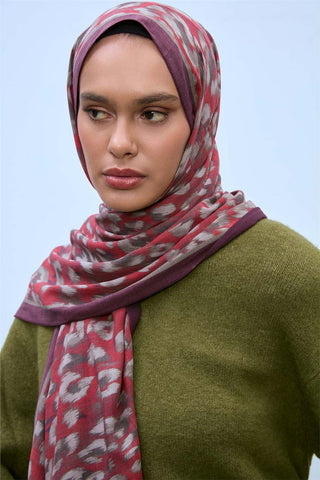 Eco Viscose Şal Kırmızı Şarabi Vizon Leopar Desenli Nefes Alan 90X200