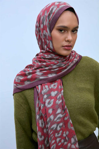 Eco Viscose Şal Kırmızı Şarabi Vizon Leopar Desenli Nefes Alan 90X200