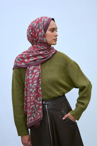 Eco Viscose Şal Kırmızı Şarabi Vizon Leopar Desenli Nefes Alan 90X200