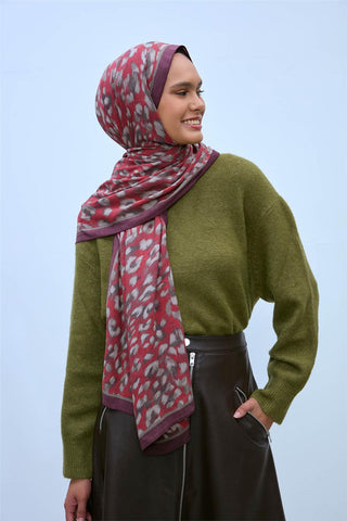 Eco Viscose Şal Kırmızı Şarabi Vizon Leopar Desenli Nefes Alan 90X200