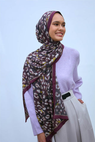 Eco Viscose Şal Mürdüm Vizon Siyah Asit Tonlu Leopar Desenli Nefes Alan 90X200