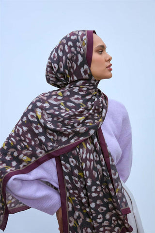 Eco Viscose Şal Mürdüm Vizon Siyah Asit Tonlu Leopar Desenli Nefes Alan 90X200