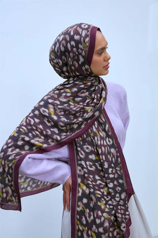 Eco Viscose Şal Mürdüm Vizon Siyah Asit Tonlu Leopar Desenli Nefes Alan 90X200