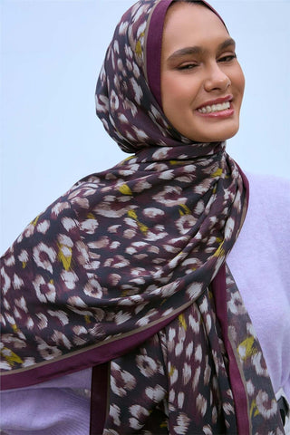 Eco Viscose Şal Mürdüm Vizon Siyah Asit Tonlu Leopar Desenli Nefes Alan 90X200