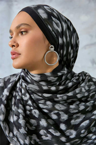 Eco Viscose Şal Siyah Füme Gümüş Leopar Desenli Nefes Alan 90X200