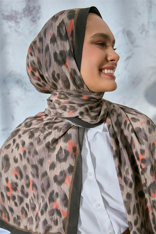 Eco Viscose Şal Vizon Turuncu Antrasit Leopar Desenli Nefes Alan 90X200