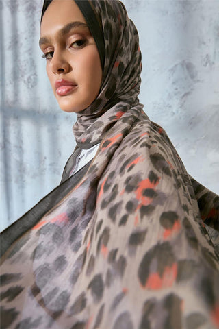 Eco Viscose Şal Vizon Turuncu Antrasit Leopar Desenli Nefes Alan 90X200