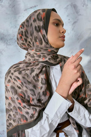 Eco Viscose Şal Vizon Turuncu Antrasit Leopar Desenli Nefes Alan 90X200