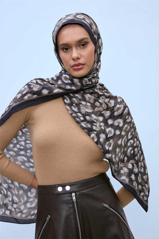 Eco Viscose Şal Zeytin Grisi Siyah Vizon Leopar Desenli Nefes Alan 90X200