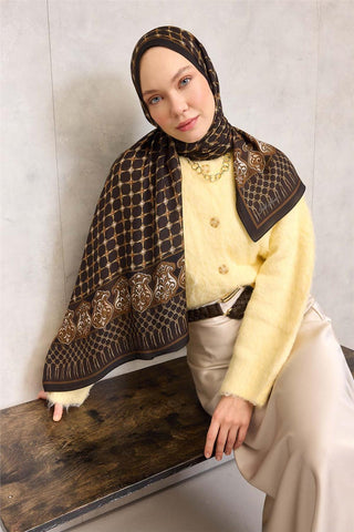 Floş Viskon Organik Şal Koyu Kahverengi Halat Desenli Akışkan Dökümlü 75X195