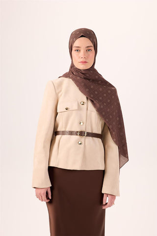 Pamuk Polyester Liva Şal Kahverengi Vizon Desenli Tok Duruşlu 90X200