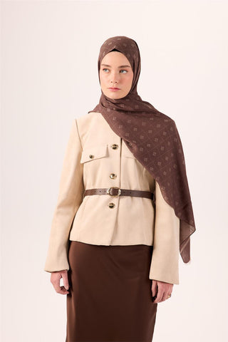 Pamuk Polyester Liva Şal Kahverengi Vizon Desenli Tok Duruşlu 90X200