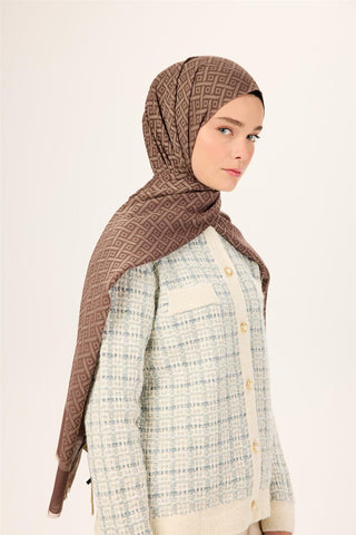 Pamuk Polyester Liva Şal Kahverengi-Vizon Desenli Dokulu Nefes Alan 90X200