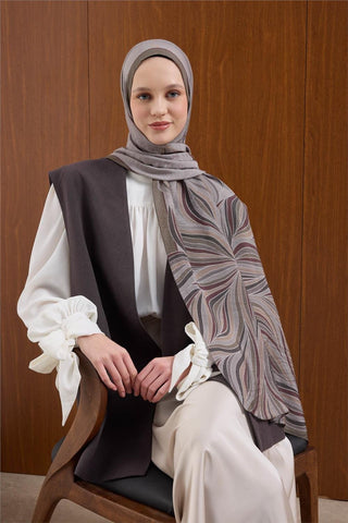 Viskon Mayda Şal Gümüş-Haki Dalga Desenli Tok Duruşlu 190X70 - Mayda Şal - | Silk Home