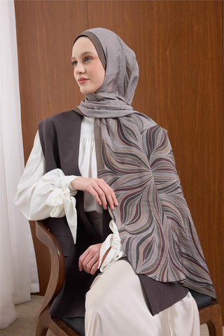 Viskon Mayda Şal Gümüş-Haki Dalga Desenli Tok Duruşlu 190X70 - Mayda Şal - | Silk Home