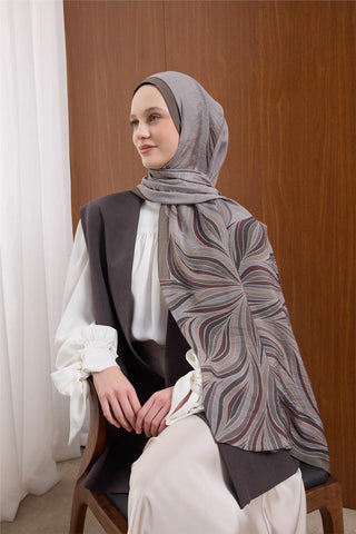 Viskon Mayda Şal Gümüş-Haki Dalga Desenli Tok Duruşlu 190X70 - Mayda Şal - | Silk Home