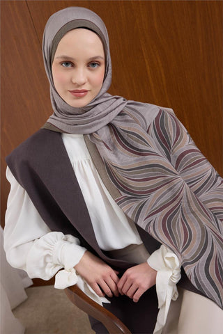 Viskon Mayda Şal Gümüş-Haki Dalga Desenli Tok Duruşlu 190X70 - Mayda Şal - | Silk Home