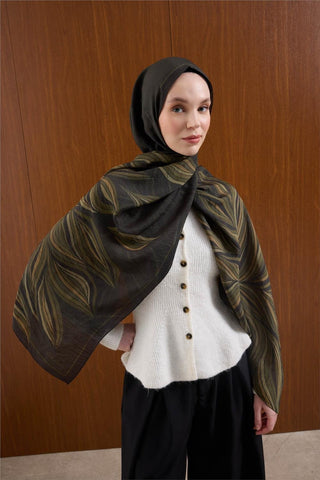 Viskon Mayda Şal Koyu Yeşil-Haki Dalga Desenli Tok Duruşlu 190X70 - Mayda Şal - | Silk Home