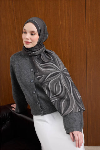Mayda Viscose Shawl, Black-Smoke Gray, Wave Pattern, Firm Structure, 190x70 cm