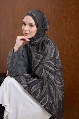 Mayda Viscose Shawl, Black-Smoke Gray, Wave Pattern, Firm Structure, 190x70 cm