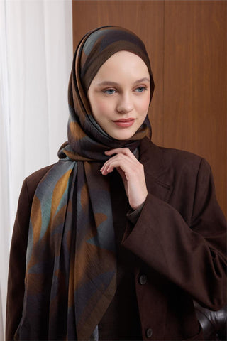 Mayda Viscose Shawl, Dark Brown-Tan, Wave Pattern, Firm Fit, 190x70 cm.