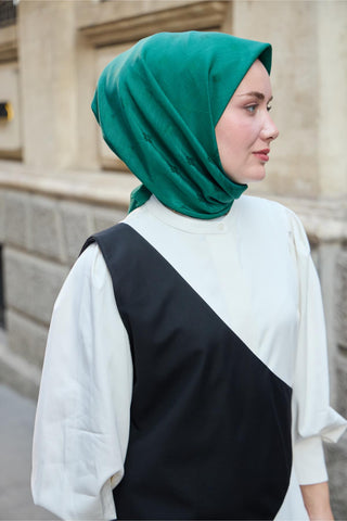 Monogram Cotton Silk Scarf, Emerald Green Patterned, Firm Structure, 90x90 cm