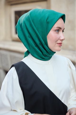 Monogram Cotton Silk Scarf, Emerald Green Patterned, Firm Structure, 90x90 cm