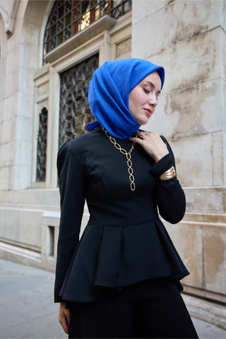 Monogram Pamuk İpek Eşarp Saks Mavi Tok Desenli Tok Duruşlu 90X90